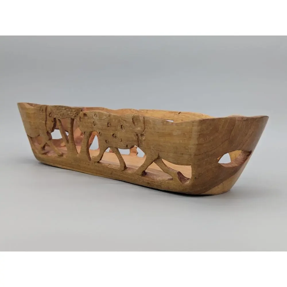 Safari African Hand Carved Wood Fruit Food Decorative Basket 14” Vintage